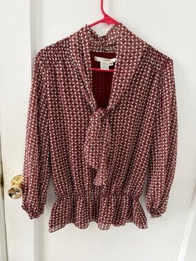 Studio M Burgundy and White Tie-Neck Peplum Blouse
